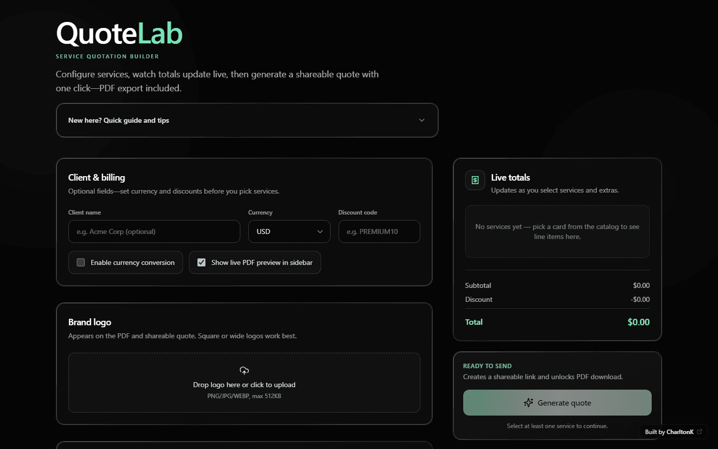 QuoteLab live interface: five-step accordion builder, client and billing, brand logo upload, service templates and catalog, live pricing sidebar, PDF preview, and generate quote.