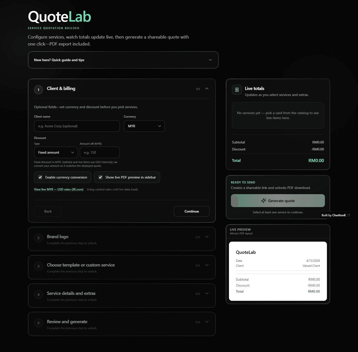 Full QuoteLab page: guided accordion from client setup through catalog, line configuration, review, and sticky totals with preview.